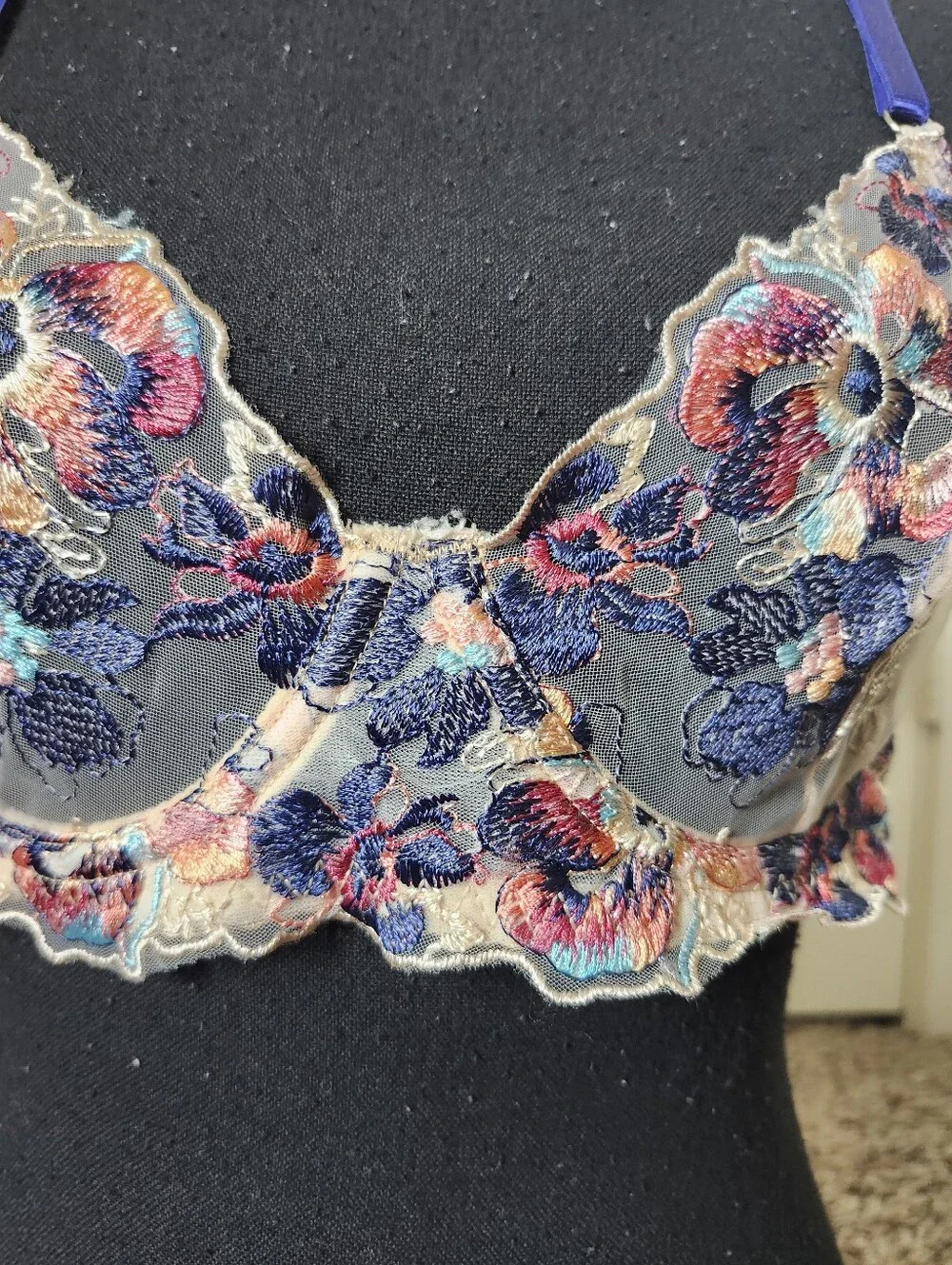 Floral Embroidered Lace Bra - Navy & Multi